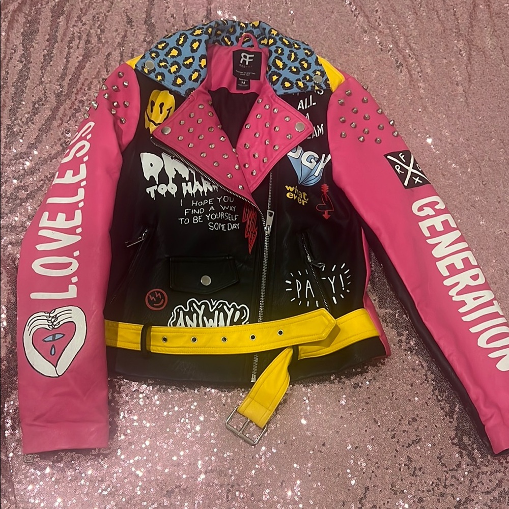 Black and Pink Leather Jacket with Studded Details